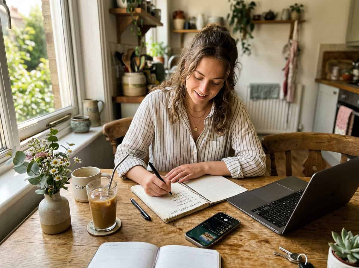 Woman writing in a notebook at a sunlit kitchen table, with a laptop, iced coffee, and phone nearby.