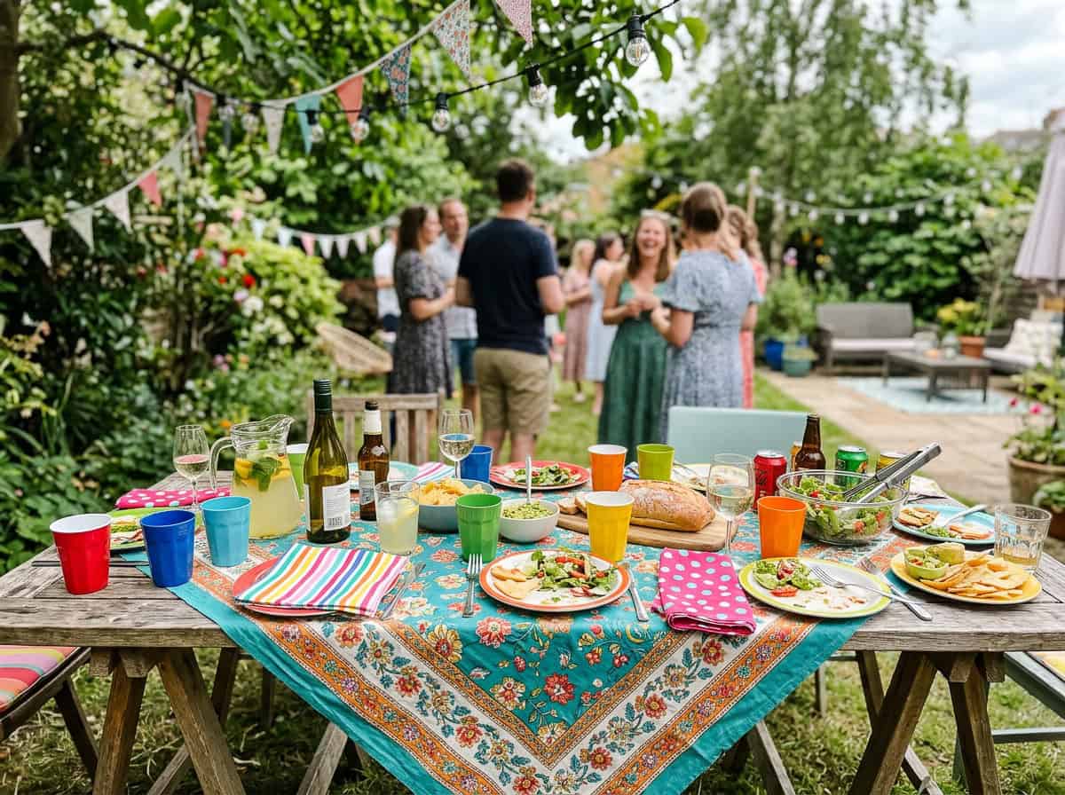 A colorful outdoor garden party with a long wooden table set for guests, overflowing with plates, beverages, and bright cups, as people chat in the background.