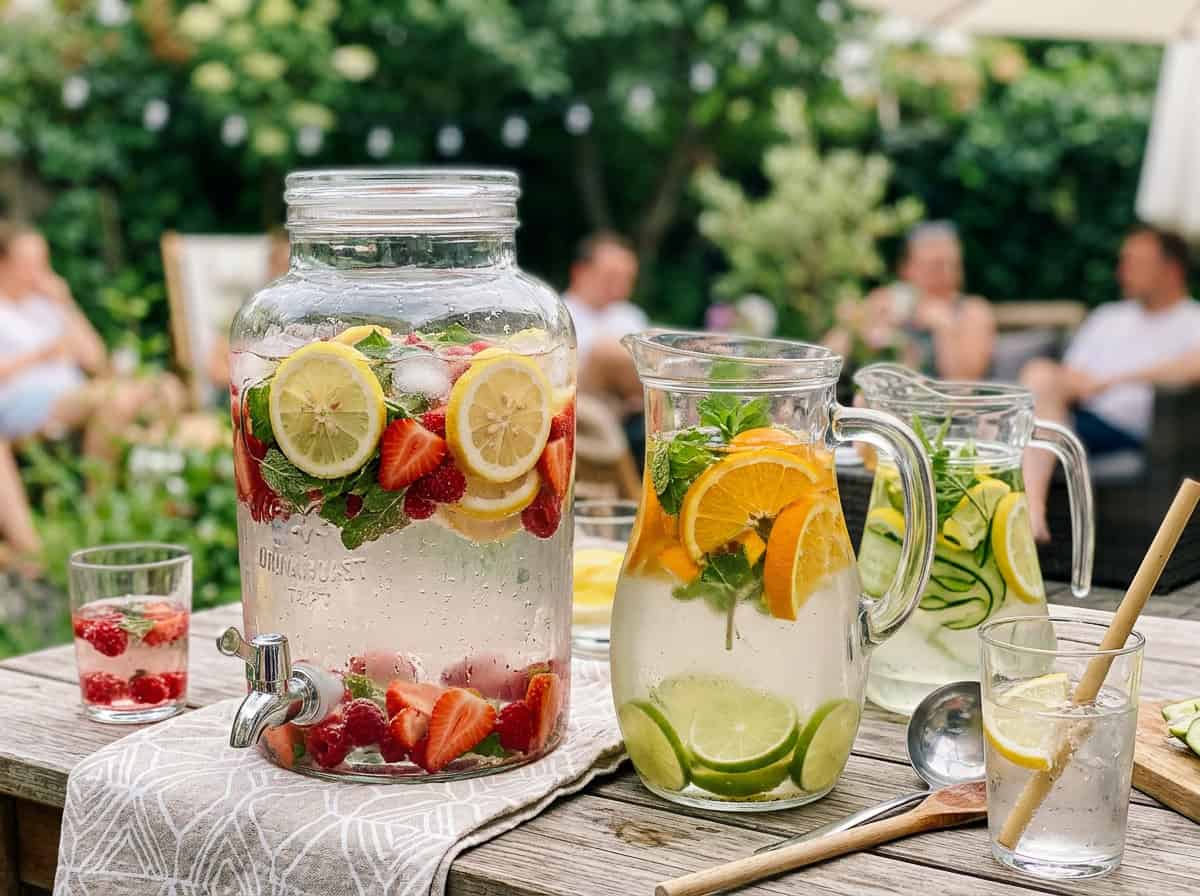 Large glass beverage dispenser with lemon, strawberry, and mint infusion on a wooden table outdoors; two pitchers with citrus and cucumber water nearby, blurred guests in the background.