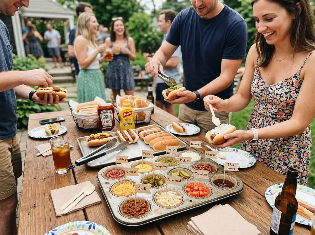 Group of friends at a backyard barbecue around a table with hot dog toppings and condiments