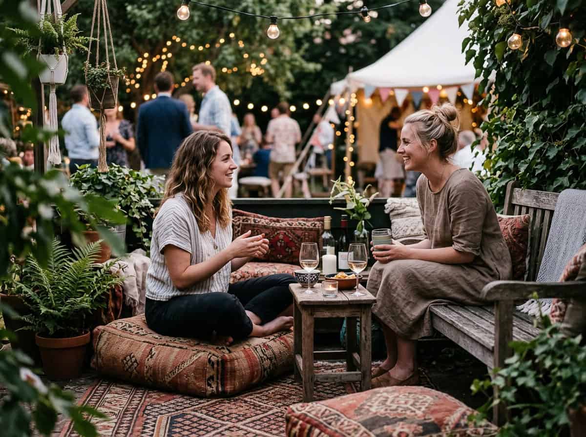 Two women sit on cushions in a cozy garden lounge, chatting over drinks at a string-lit outdoor party.