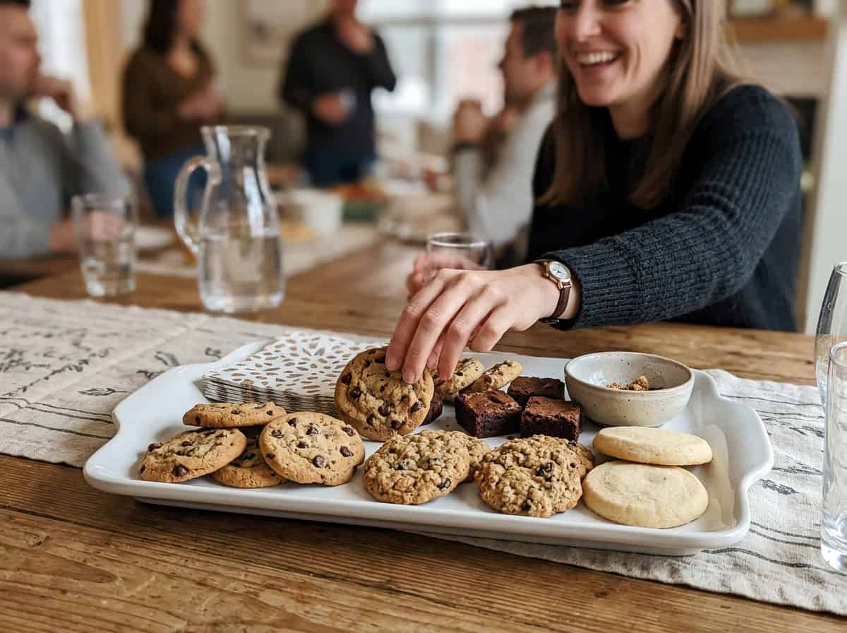 Woman in a dark sweater reaches for cookies on a white tray at a wooden table during a gathering, with a glass pitcher and bowls in the background.