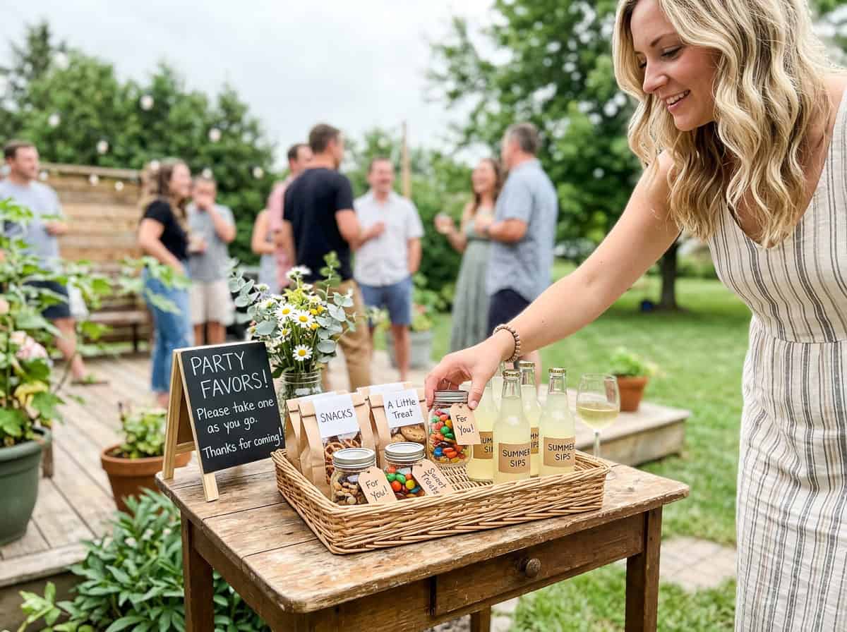 Woman in a striped dress reaches for party favors on a rustic table at an outdoor garden party; snacks and lemonade bottles in a wicker basket, guests chatting in the background.