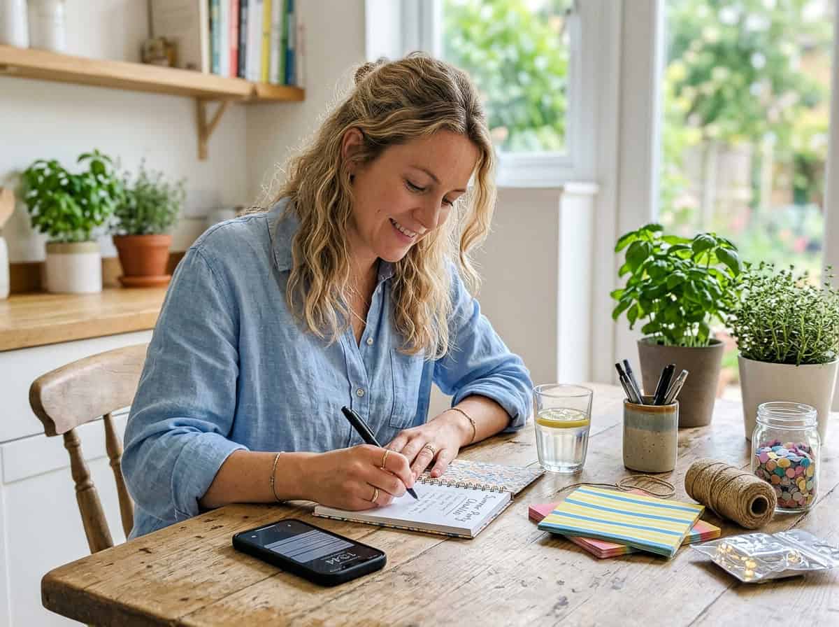 Woman in a blue shirt writes in a notebook at a wooden table, with a phone and colorful notes nearby and green plants in the background.