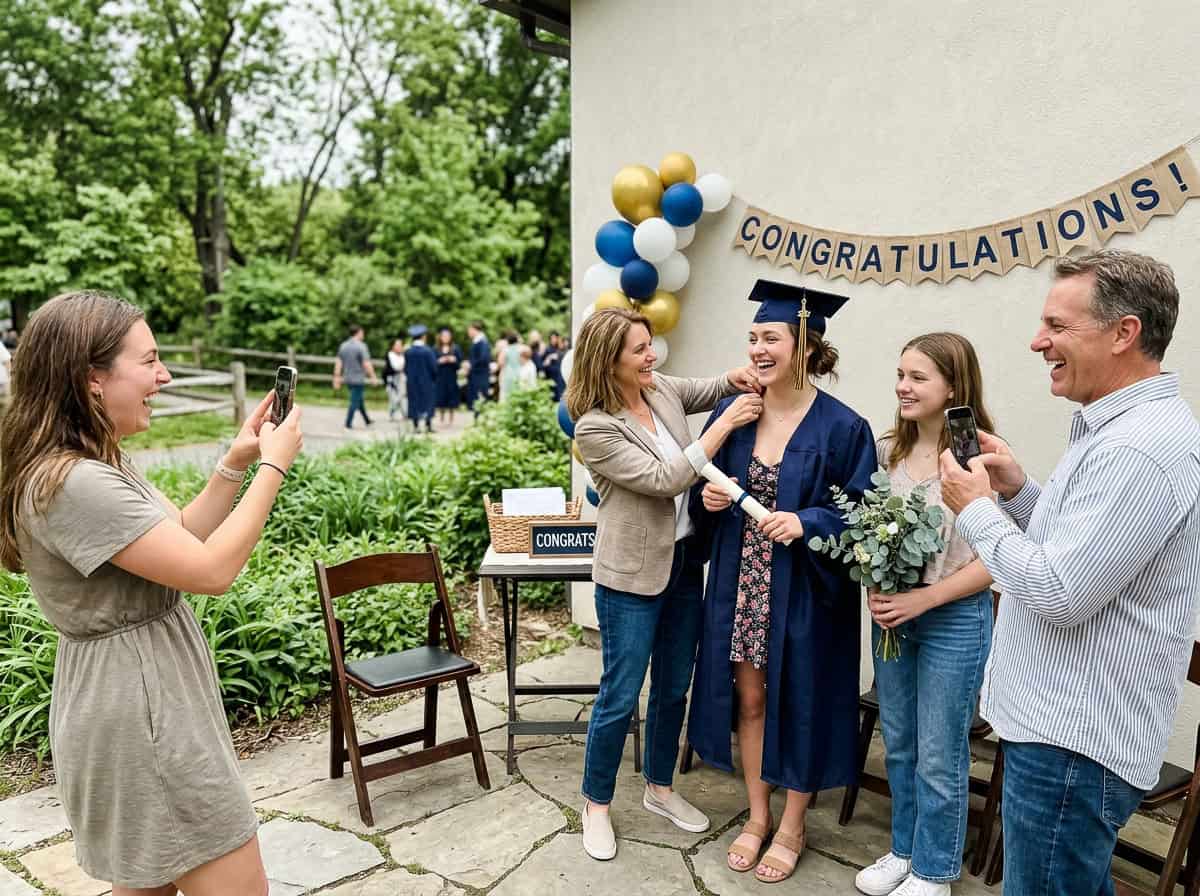 Graduate in navy cap and gown poses with family as a woman adjusts her tassel outdoors under a'CONGRATULATIONS!' banner.