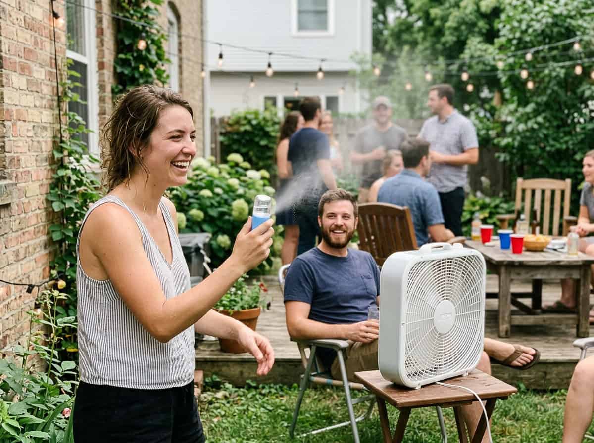 Woman laughing while spraying a mist at a backyard party; a portable fan cools the guests nearby.