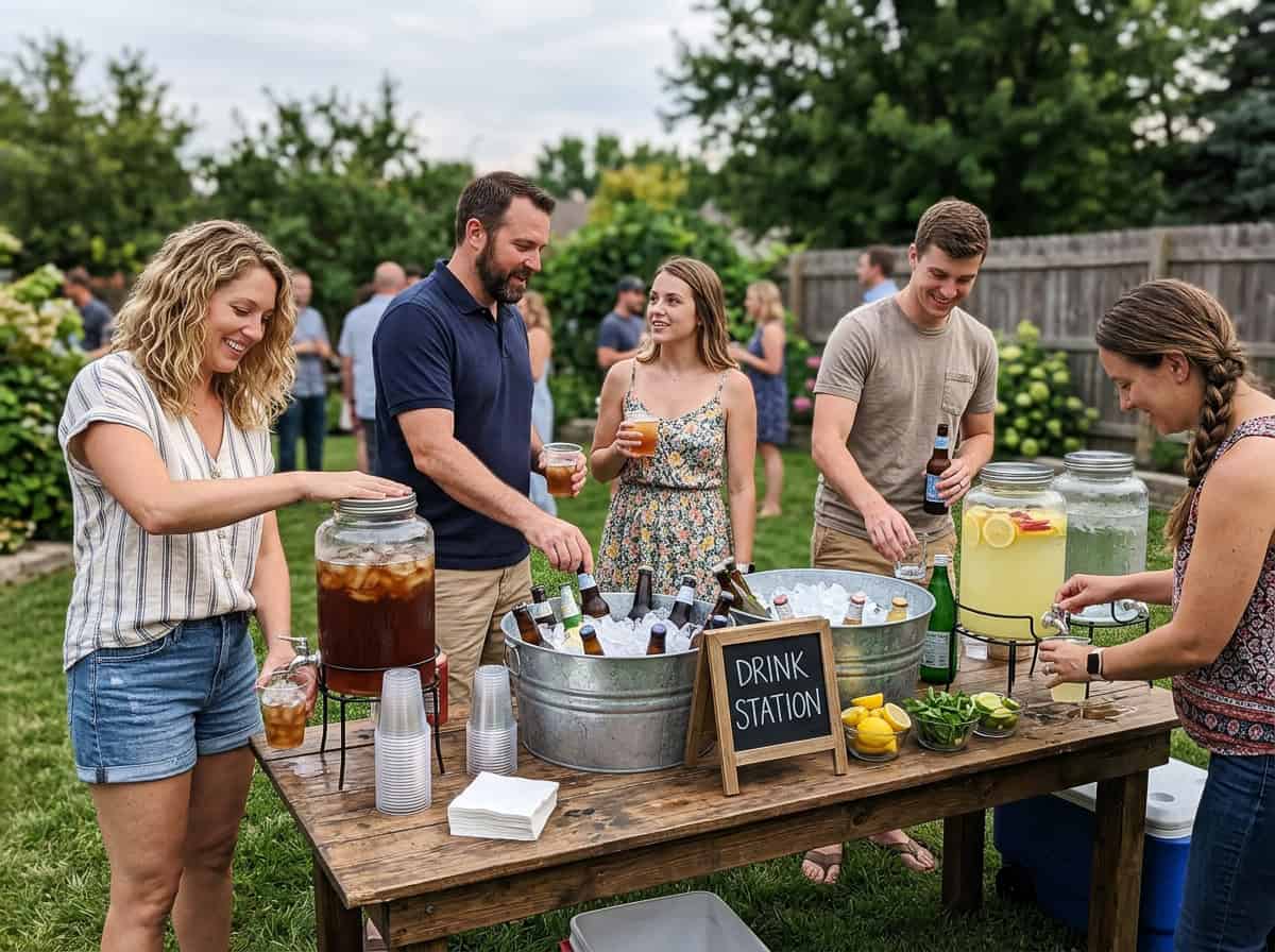 Group of friends at a backyard party serving drinks from a rustic outdoor drink station with large jars and ice buckets.