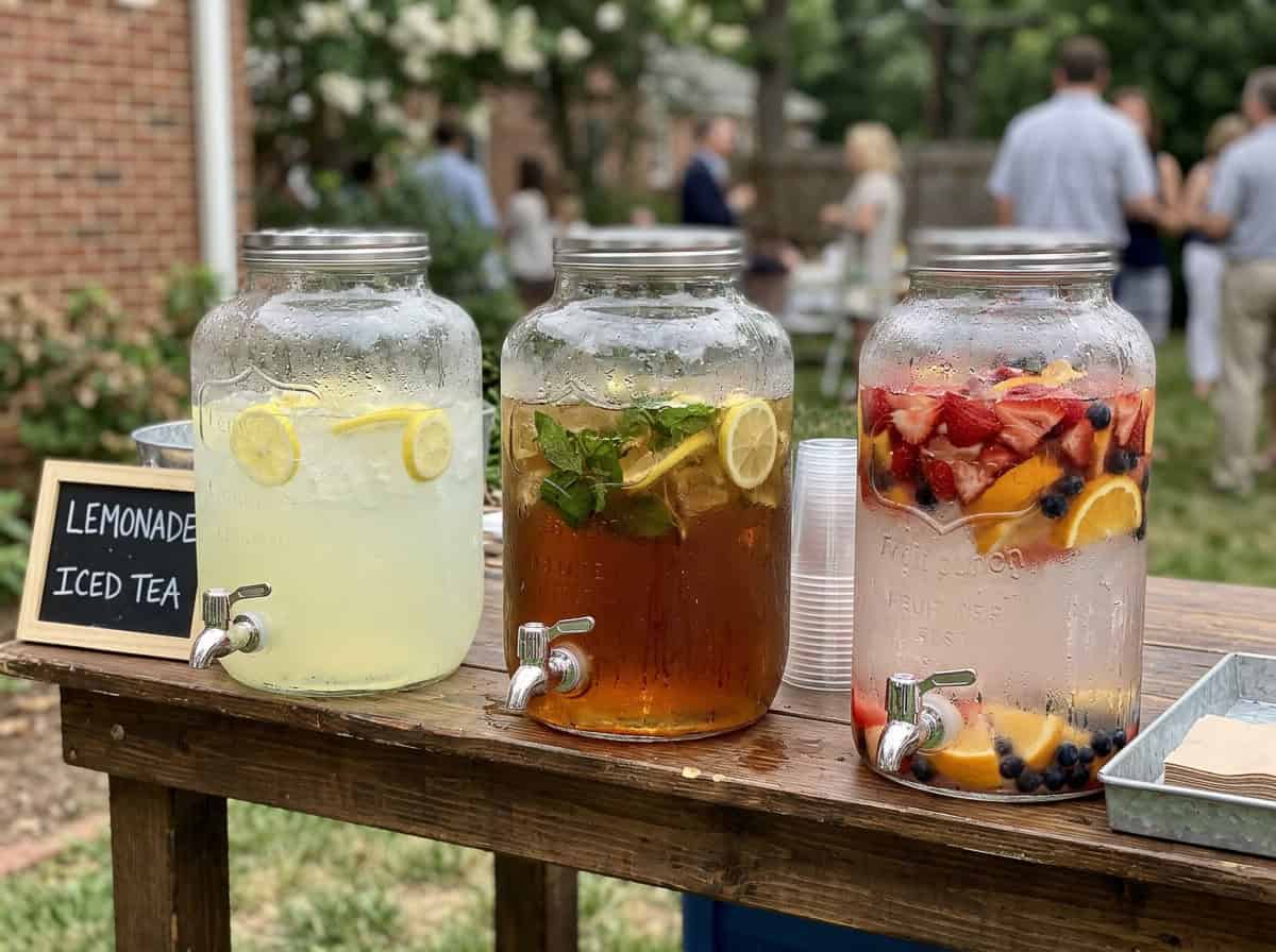 Three glass beverage dispensers with lemonade, iced tea, and a berry fruit punch on a wooden table at an outdoor gathering.