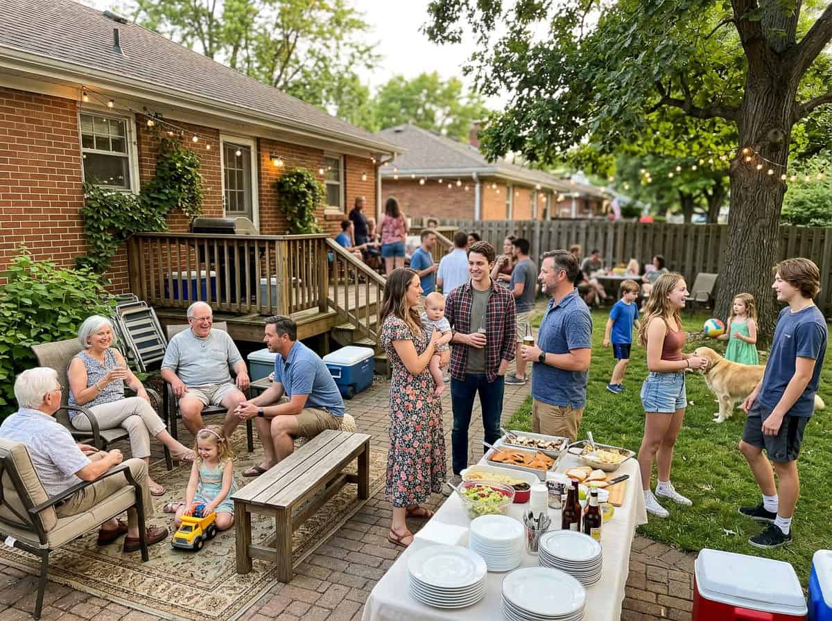 People gather in a backyard party, chatting near a long table of food under string lights.
