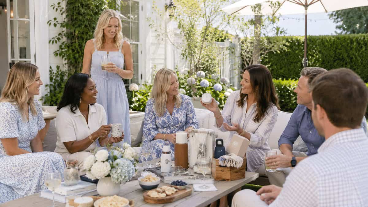 Summer Birthday Parties for Women-10 | Fit Fun And Over 40 Group of friends relaxing in a sunny backyard, sharing drinks and snacks around a wooden table.